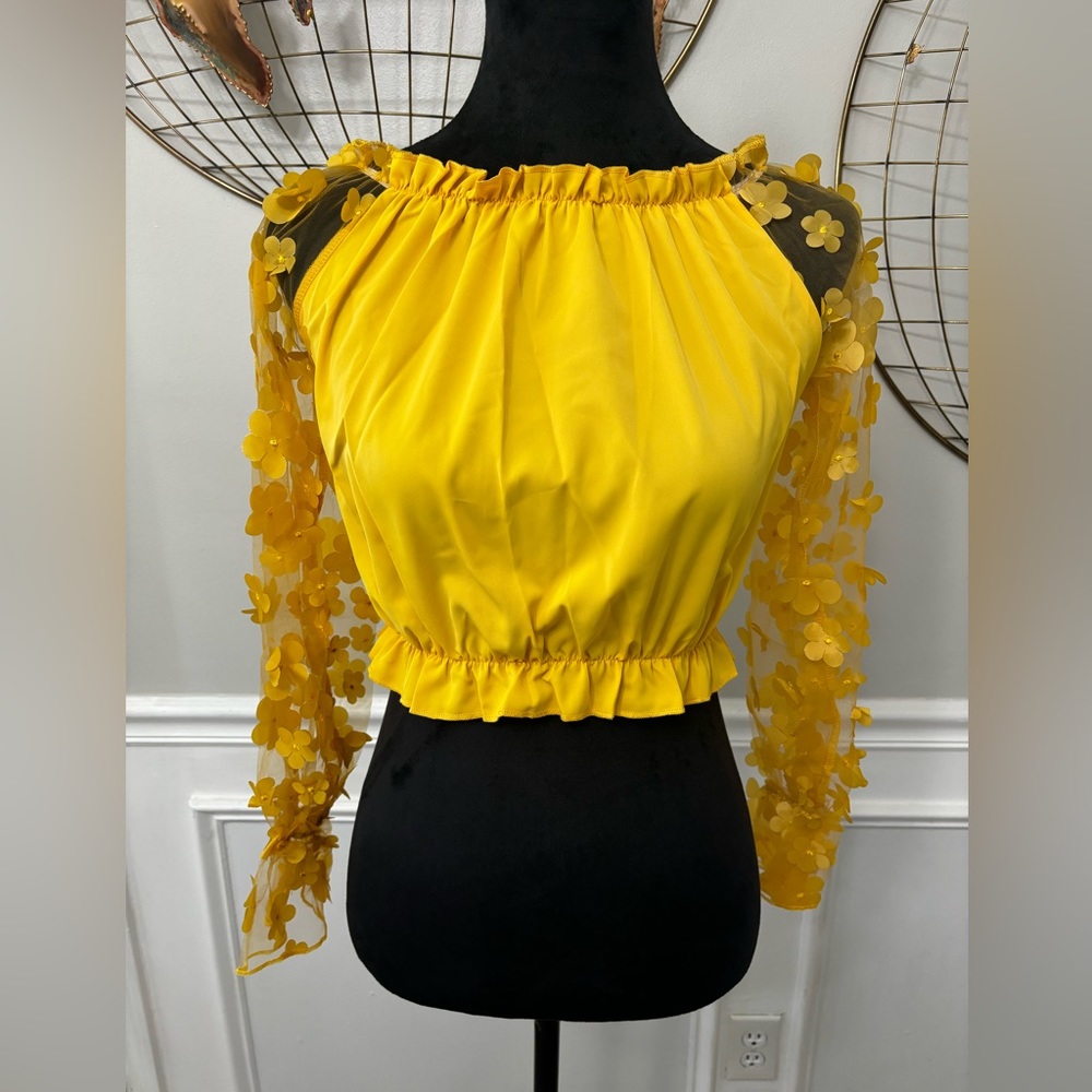Women Off the Shoulder Floral Yellow Mesh Crop Top